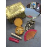 A brass coal bucket, a retro circular dressing table mirror on stand, two fans and other items