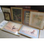Mixed pictures to include two watercolour seascapes depicting sailing boats, signed indistinctly