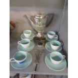 A Poole part coffee set in a mottled grey and turquoise colourway, A/F, together with a silver