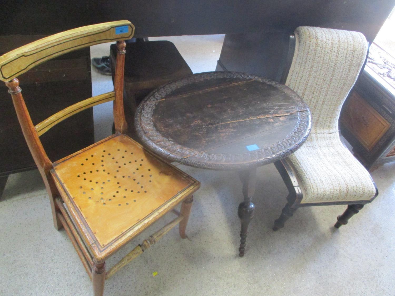 Mixed furniture to include an oak oval topped occasional table, a bar back chair and a slipper chair