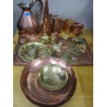 Copper and brassware to include a one gallon jug, an ale warmer, a tray and other items