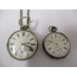 Two Victorian silver pocket watches and a silver watch chain