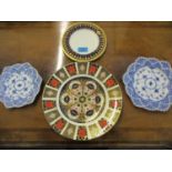 A 1960s Royal Crown Derby Imari plate, two Royal Copenhagen blue and white hexagonal plates with