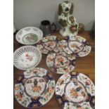 Five early 20th century Spode plates, together with a Staffordshire dog, tankard and two