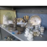 A mixed lot to include silver plate, cat ornaments, bottle stopper and other items