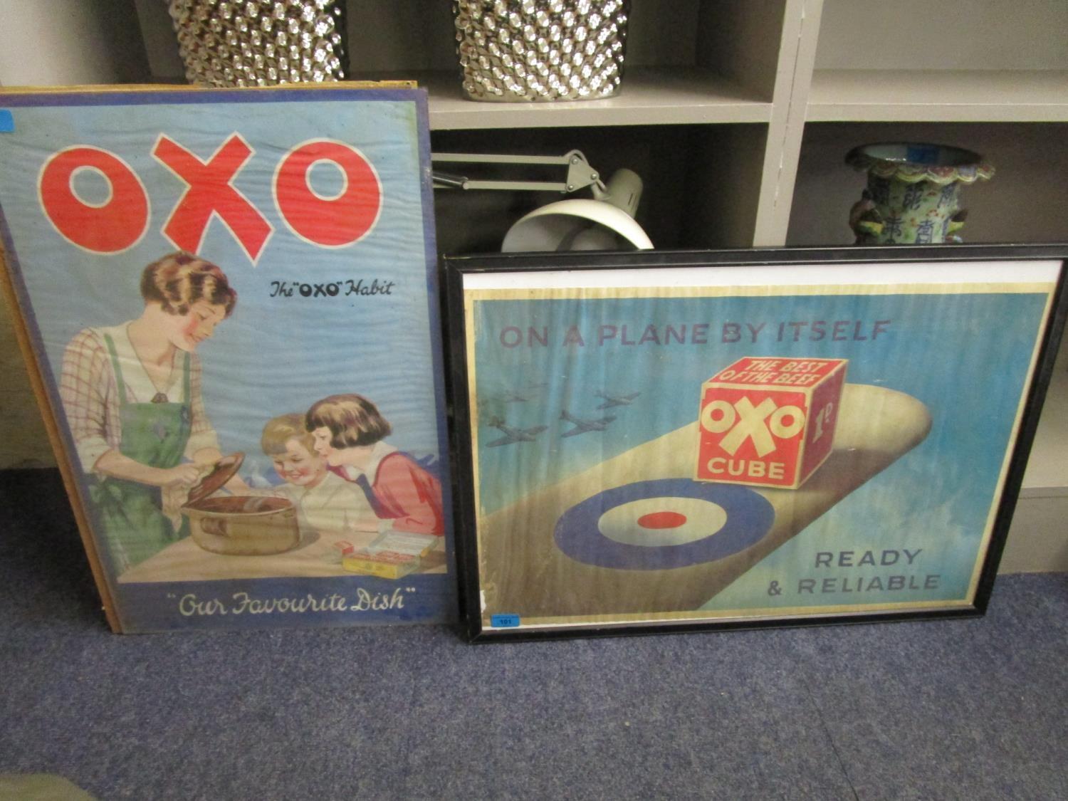 Two vintage Oxo posters On a Plane by Itself Ready and Reliable, possibly WWII, 18 1/8" x 27",