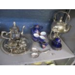 Silver plate to include a spirit kettle and other items, together with a Japanese teaset