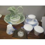 A mixed lot to include a Copeland Garret jug and bowl, silver plated clock and 1930s teacups and