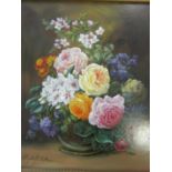 Elizabeth Meek - Roses still life of flowers, oil on board signed, label verso, framed