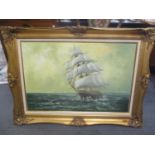 A large oil on canvas depicting a sailing boats, signed to the lower right corner, 36" x 24", framed