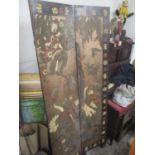 An oriental painted and lacquered, two fold screen, 72 1/4"h x 32"w