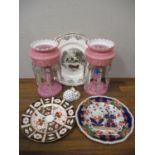 Collectable ceramics and glassware to include a pair of pink and white glass lustres, a Royal