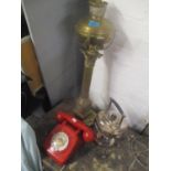 A mixed lot to include a silver plated spirit kettle, brass oil lamp and a retro telephone
