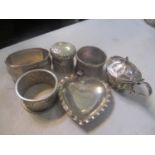 Mixed silver to include napkin rings, a mustard pot and other items