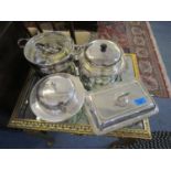 A mixed lot of silver plated items to include a tureen with engraved family crest