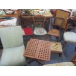 A selection of Victorian and later chairs, together with two footstools and a folding table