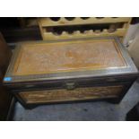 A mid 20th century Oriental camphor chest with internal luggage tray and a small quantity of vintage
