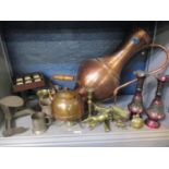 A pair of iron shoe lasts, mixed copper and brass to include a kettle warmer