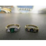 Yellow gold probably 18ct, diamond and emerald three stone ring, marks indistinct and an 18ct gold