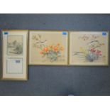 A framed and glazed Chinese watercolour landscape painting with a British Industries Fair 1957,