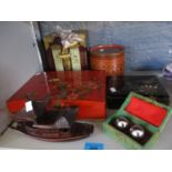 Jade jewellery box and mixed boxes, a carved boat and bowls