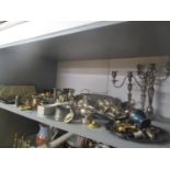 A selection of silver plate, brass and pewter to include candelabras, an inkwell, flatware, fish