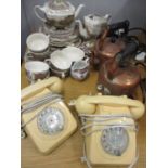 A Johnson Bros Olde English Countryside teaset and dinnerware, two cream plastic telephones and