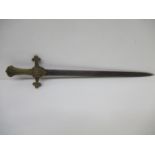 A late 19th century short sword with a cast brass handle, decorated with scrolls and initials, on