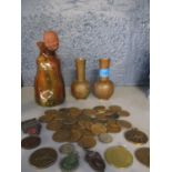 A pair of Japanese bronze coloured vases and a quantity of coins and sports medals, together with an