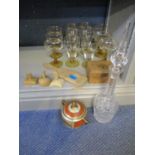 Vintage glassware with amber stems, a decanter, treen butter pots and a Czechoslovakian twin handled
