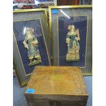 A pair of framed figural plaques, together with an early 20th century writing slope