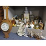 A mixed lot comprising ornaments, china, glass and treen, brassware, six model ships, an oak cased