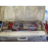 An Imperial measure pipe bending kit in a pine box, a pair of multi-coloured glass light shades, a