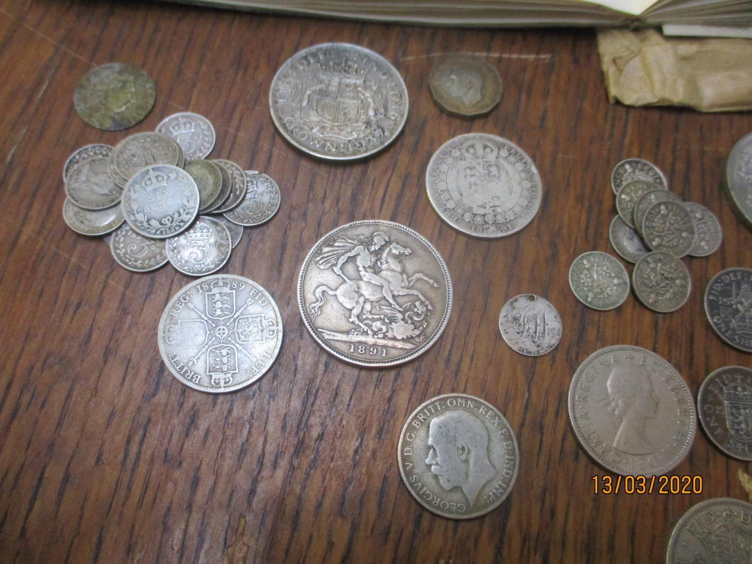 Coins and stamps to include an 1891 Crown, Victorian and later shillings and others - Image 2 of 3