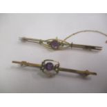 Two 9ct gold amethyst and seed pearl brooches