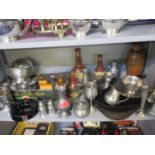 Pewter items to include a Spartan pewter flask, empty Bells Whisky ceramic decanters and other items