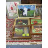 A group of oils, mainly still life to include a dairy cows self portrait