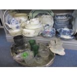 Ceramics and glassware to include a Minton Marlow pattern dinner service, a blue and white dinner