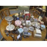 A mixed lot to include silver plate, collectors tin, preserve pot with silver rim, compact and other