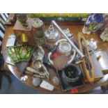 A mixed lot to include a fan, Arts & Crafts oil lamp, Caithness paperweight, miners lamp and other