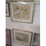 A pair of Thai prints depicting birds, flora and fauna with Thai writing to the top centre,