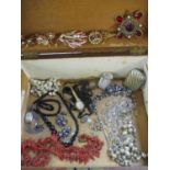 A marquetry jewellery box A/F, together with mixed vintage costume jewellery to include jet beads