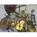 Metalware to include a Victorian copper pan and lid, brass collectables and other items