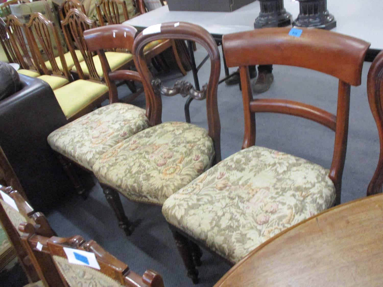 Three Victorian balloon back mahogany dining chairs, together with three 19th century bar-back