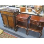 An early 20th century mahogany side cabinet, together with a pair of bow fronted bedside cabinets.