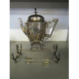 An American silver plated pot with engraved decoration, indistinct marks to base, a silver plated