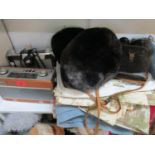 A mixed lot to include a Roberts radio, a calfskin Bush radio, leather cased binoculars, two fur