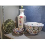 A mixed lot to include a Chinese table lamp, a Dutch 18th century wedding bowl and other items