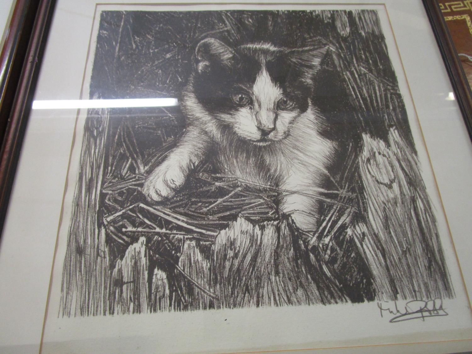 La Rue Dela Grosse Horlage Rouen etching signed in pencil, a lithograph of a cat signed, Canal - Image 3 of 4