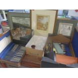 A mixed lot to include pictures, part canteen of cutlery, carving set and glassware